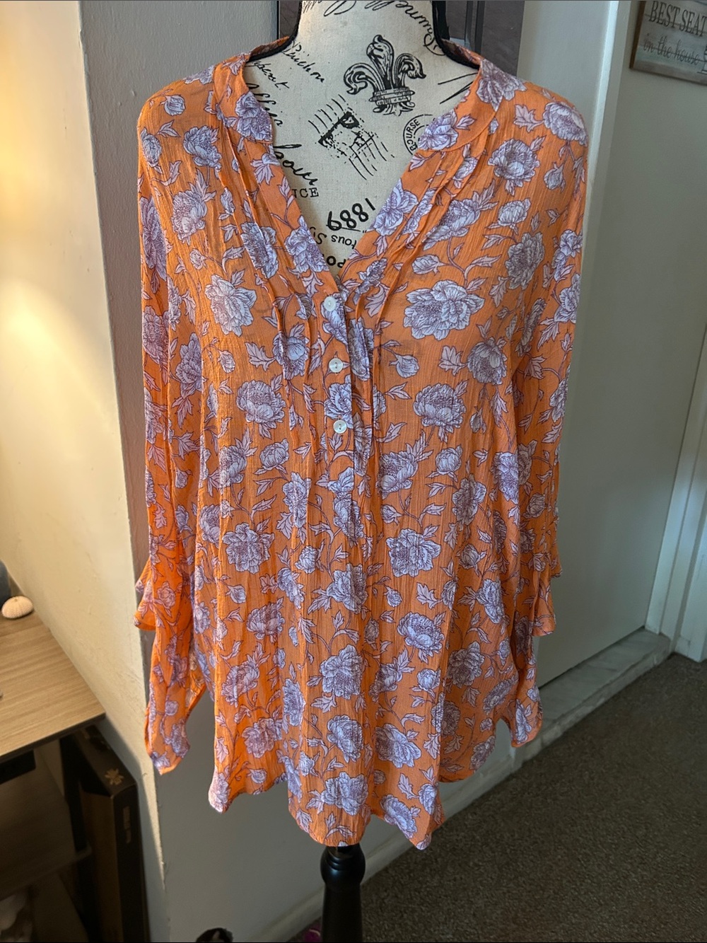 Women's Orange Floral Button-Front Blouse